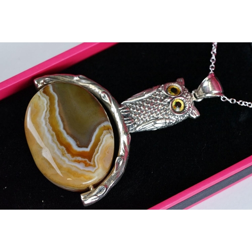 263 - Silver Owl and Geode Pendant Necklace