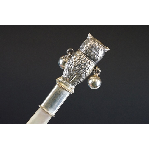 277 - Silver Owl shaped Babies Rattle with Mother of Pearl handle