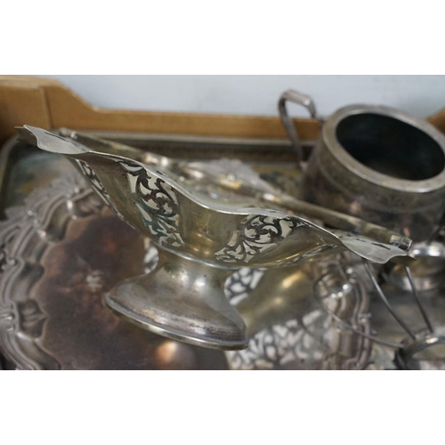 367 - Collection of silver plate to include a pierced footed dish with swing handle (28.5cm diameter), thr... 