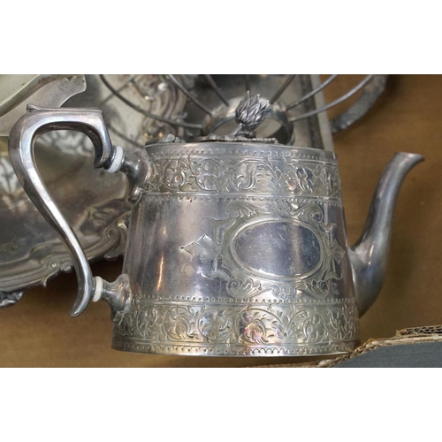 367 - Collection of silver plate to include a pierced footed dish with swing handle (28.5cm diameter), thr... 