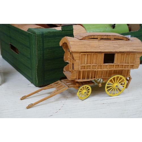 378 - Group of five wooden Romany style caravans / wagons to include three matchstick examples, largest me... 