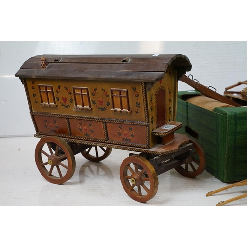 378 - Group of five wooden Romany style caravans / wagons to include three matchstick examples, largest me... 