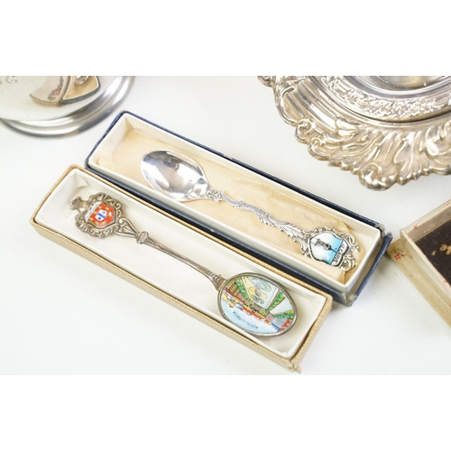 380 - Collection of mixed silver & silver plate to include silver hallmarked souvenir spoons, silver eggcu... 