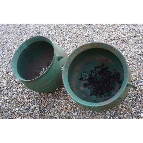 541 - Pair of green painted cast iron hanging cauldrons, diameter approx 45cm