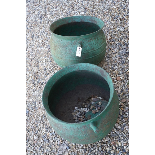 541 - Pair of green painted cast iron hanging cauldrons, diameter approx 45cm