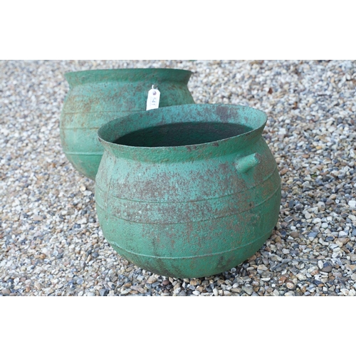 541 - Pair of green painted cast iron hanging cauldrons, diameter approx 45cm