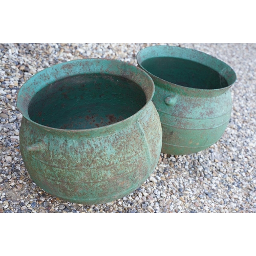 541 - Pair of green painted cast iron hanging cauldrons, diameter approx 45cm