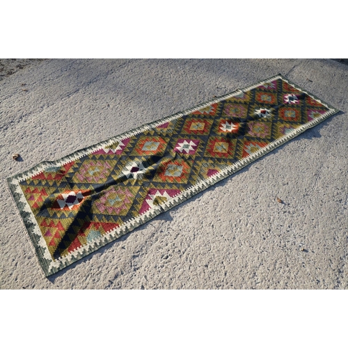 598 - Woolen Hand Knotted Maimana Kilim Runner Rug, 288cm x 75cm