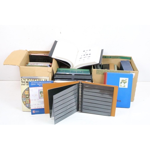 419 - Two boxes of empty stamp collectors albums, together with a collection of philatelic books and guide... 