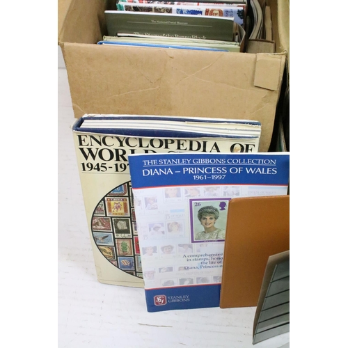 419 - Two boxes of empty stamp collectors albums, together with a collection of philatelic books and guide... 