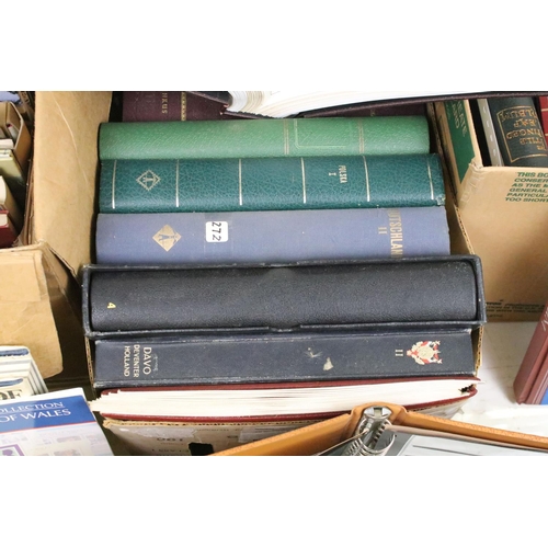 419 - Two boxes of empty stamp collectors albums, together with a collection of philatelic books and guide... 