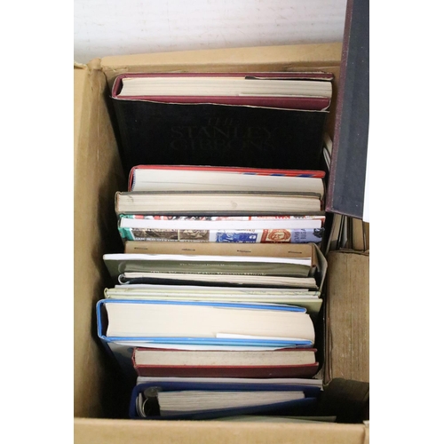 419 - Two boxes of empty stamp collectors albums, together with a collection of philatelic books and guide... 