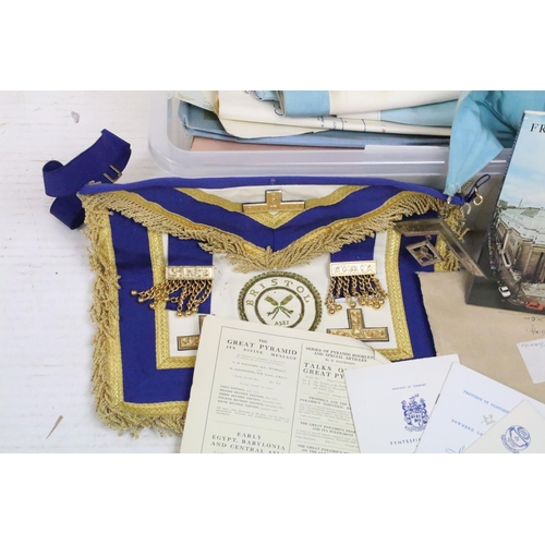 428 - Collection of local interest Masonic ephemera to include selection of aprons and sashes, enamelled B... 