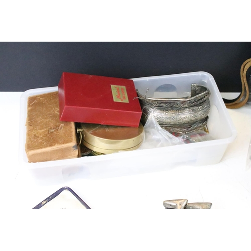 330 - A box of mixed collectables to include military interest, badges, opera glasses, medals, pocket watc... 