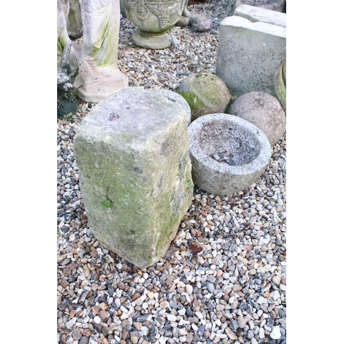 567 - Collection of stone & reconstituted stone to include a staddle stone base, a pair of planters, a pai... 