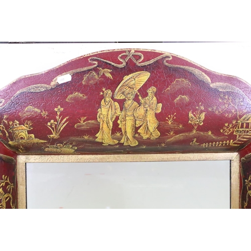 577 - Toleware Wall Mirror with Chinoiserie type decoration on a red ground, 101cm x 58cm