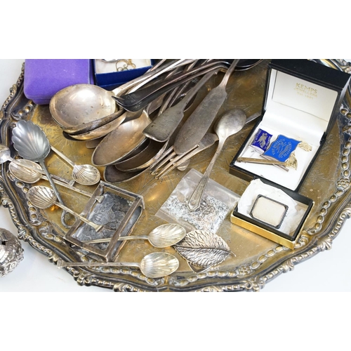 295 - A small collection of mixed silver plate to include teapot, trays, cutlery...etc.. together with a s... 