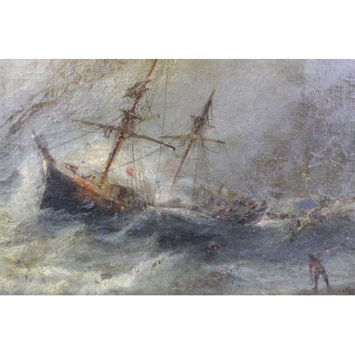 462A - 19th century English School, nautical scene - ship in a stormy sea with figure on the shore, oil on ... 