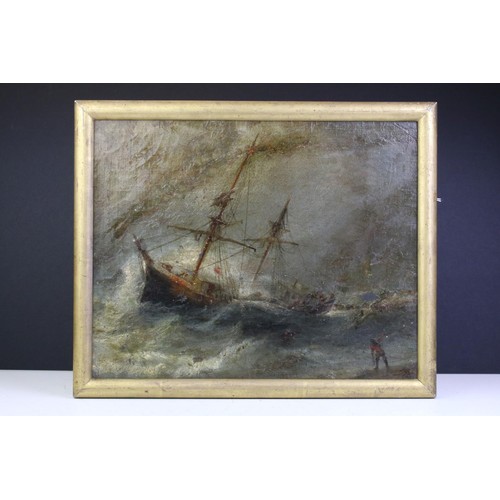 462A - 19th century English School, nautical scene - ship in a stormy sea with figure on the shore, oil on ... 