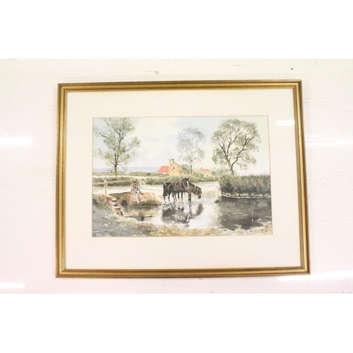 517 - English School, figures by a river, watercolour, 36.5 x 54.5cm, signed indistinctly lower left, snow... 