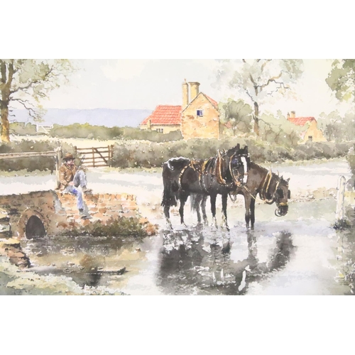 517 - English School, figures by a river, watercolour, 36.5 x 54.5cm, signed indistinctly lower left, snow... 