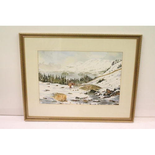 517 - English School, figures by a river, watercolour, 36.5 x 54.5cm, signed indistinctly lower left, snow... 