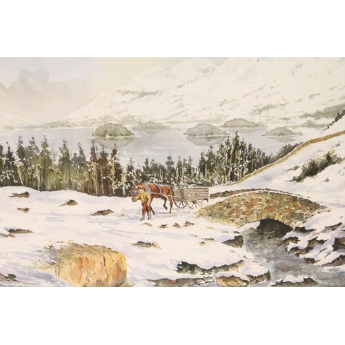 517 - English School, figures by a river, watercolour, 36.5 x 54.5cm, signed indistinctly lower left, snow... 