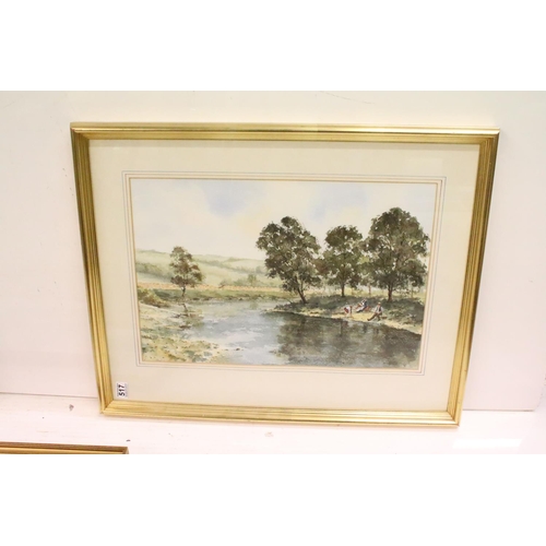 517 - English School, figures by a river, watercolour, 36.5 x 54.5cm, signed indistinctly lower left, snow... 