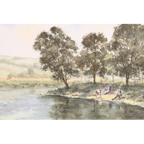 517 - English School, figures by a river, watercolour, 36.5 x 54.5cm, signed indistinctly lower left, snow... 