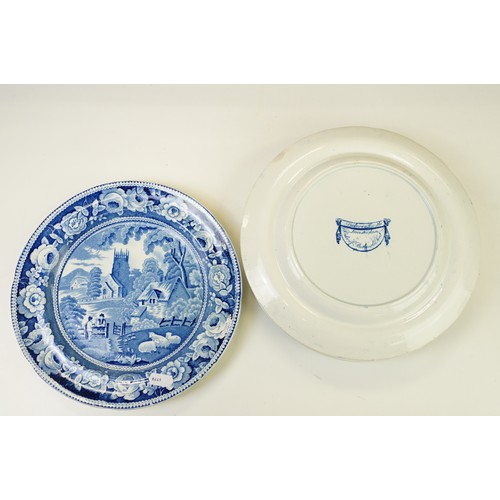 54 - Eight 19th century blue & white plates (featuring Spode Turner & The Benevolent Cottagers), together... 