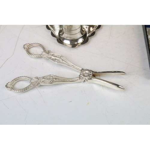 340 - Collection of mixed silver plate to include grape scissors with cast decoration, modernist style dis... 