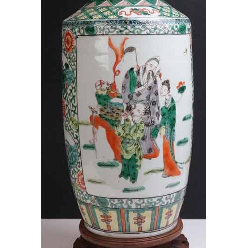 100A - Chinese Porcelain Famille Verte Table Lamp of Rouleau form, decorated with panels of figures, with w... 