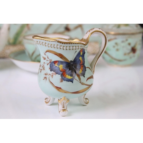 56 - Royal Worcester porcelain cabaret tea set with hand painted butterfly, floral and foliate decoration... 