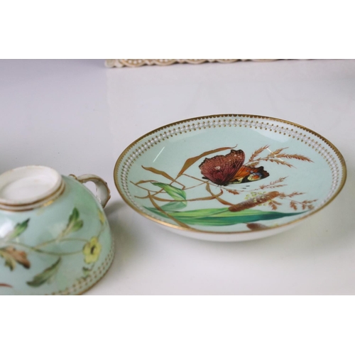 56 - Royal Worcester porcelain cabaret tea set with hand painted butterfly, floral and foliate decoration... 