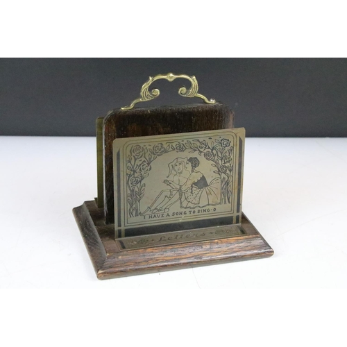 117 - Edwardian Oak and Brass Letter Rack, engraved ‘ Letters ‘ and with a Jester and a girl ‘ I have a so... 