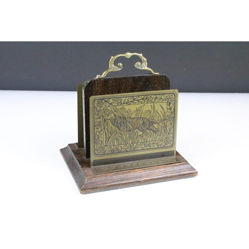 117 - Edwardian Oak and Brass Letter Rack, engraved ‘ Letters ‘ and with a Jester and a girl ‘ I have a so... 