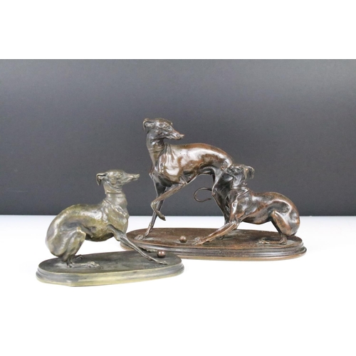 118 - Cast bronze figure group of Greyhounds with a ball (15.5cm high), together with a further bronze fig... 