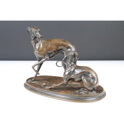 118 - Cast bronze figure group of Greyhounds with a ball (15.5cm high), together with a further bronze fig... 