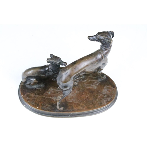 118 - Cast bronze figure group of Greyhounds with a ball (15.5cm high), together with a further bronze fig... 