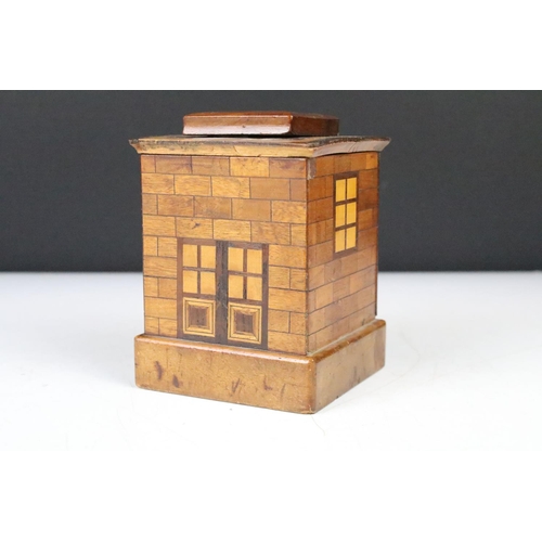 132 - Chinese wooden puzzle money box modelled as a house, character marks to base, approx 12cm high