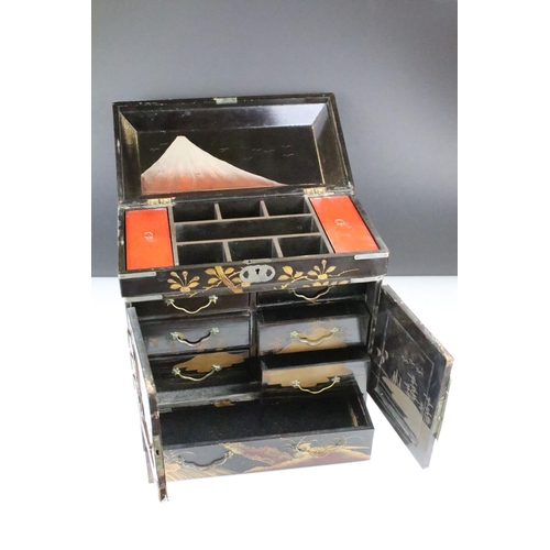 133 - Chinese black lacquered table top cabinet, with painted & gilt decoration of birds & tress, with sil... 