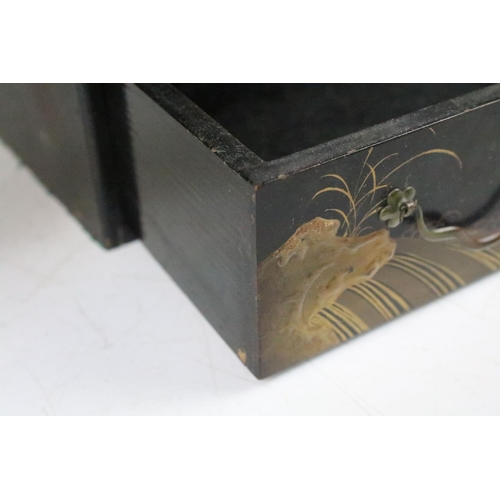 133 - Chinese black lacquered table top cabinet, with painted & gilt decoration of birds & tress, with sil... 