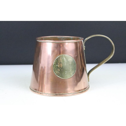 178 - Set of Three Antique Copper Ale Measuring Tankards or Mugs, each set with a brass roundel inscribed ... 