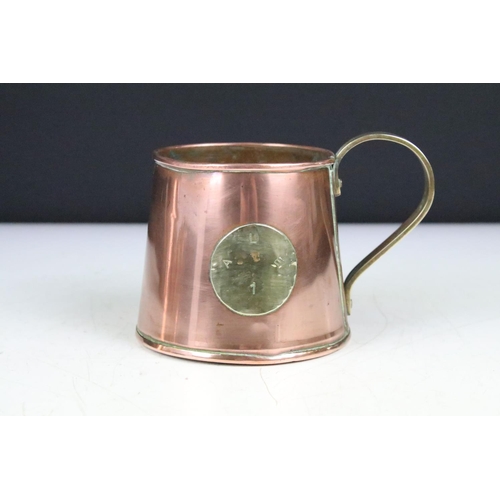 178 - Set of Three Antique Copper Ale Measuring Tankards or Mugs, each set with a brass roundel inscribed ... 