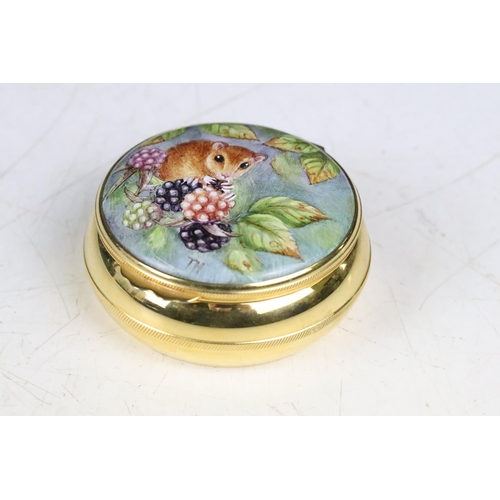 207 - A Moorcroft enamel box trial piece, Titled Doormouse, decorated by Terry Hallaron, within fitted dis... 