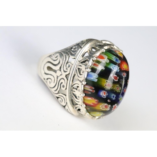 215 - Silver and glass millefiori dress ring. Marked 925.