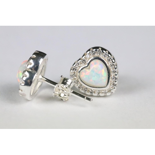 220 - Pair of Heart Shaped Stud Earrings set with CZ and Opal