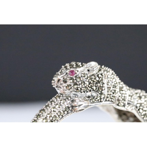 221 - Silver and Marcasite Panther Bangle with Ruby Eyes