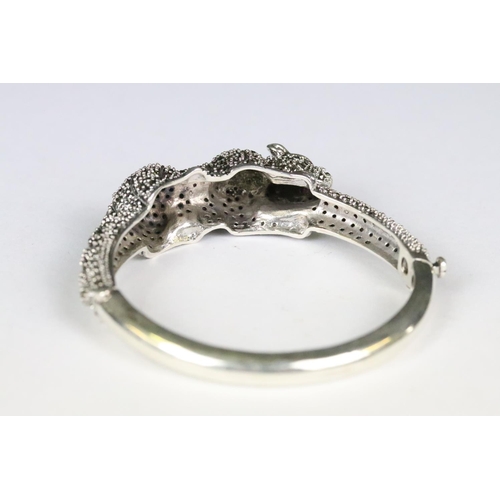 221 - Silver and Marcasite Panther Bangle with Ruby Eyes