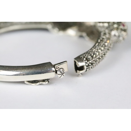 221 - Silver and Marcasite Panther Bangle with Ruby Eyes